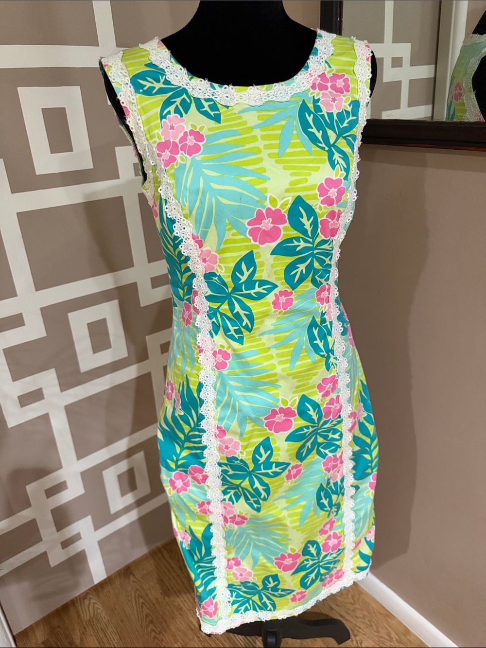 Lilly Pulitzer Cathy Lime, Pink & Teal Floral Lace-Trim Shift Dress